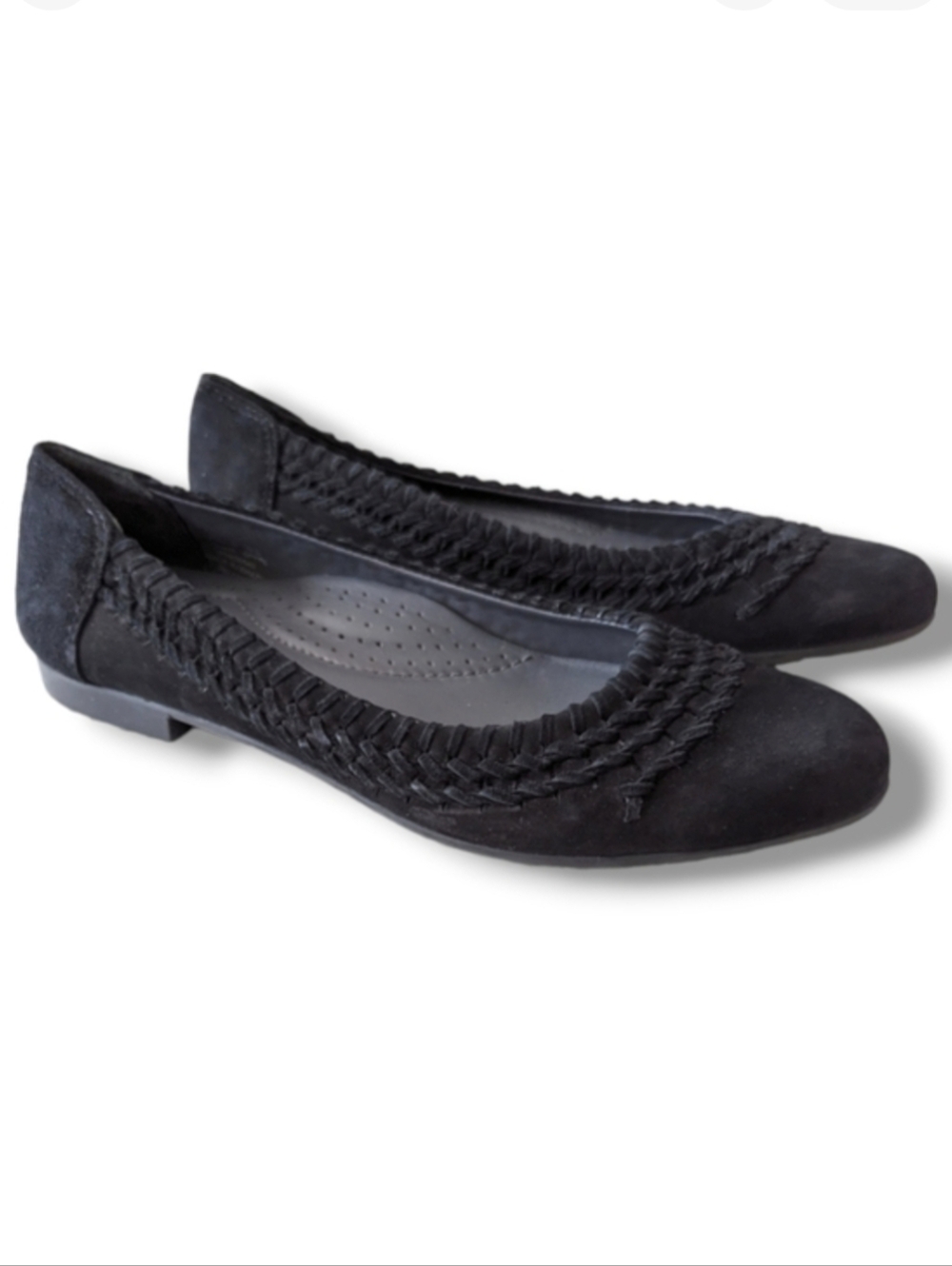 LL Bean Suede Leather Woven Flats 7.5 Black Slip On Flat Shoe